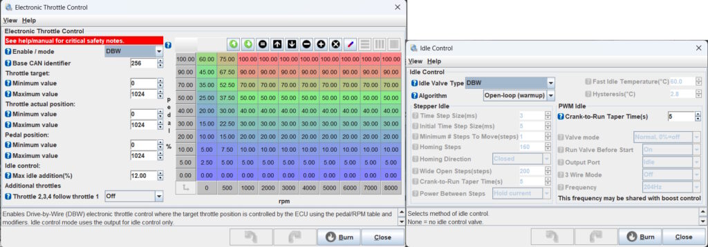 TunerStudio settings for DBW Throttle Controller